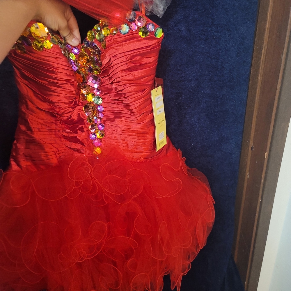 Red strapless short formal mini dress